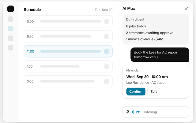 Schedule next to the AI Max panel with a daily digest and a new job to confirm