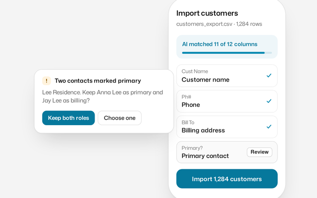 Customer import screen where AI matched 11 of 12 spreadsheet columns