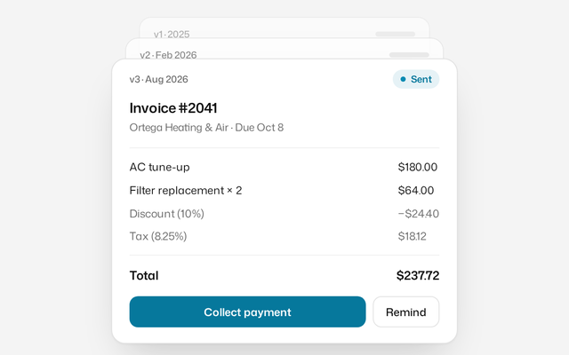Invoice with three versions stacked behind it and a Collect payment button