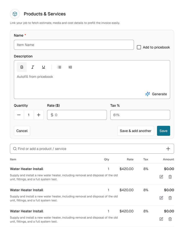 The line-item card: name, full description, quantity stepper, rate and one Tax % field, with the added items listed below
